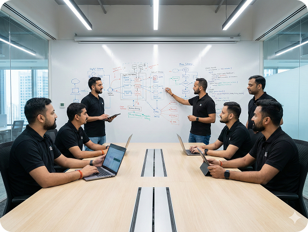 The DMSJoy team in a planning session, mapping product architecture on a whiteboard