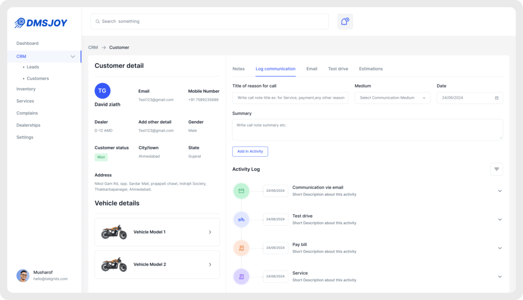 DMSJoy customer relationship management screen — customer detail with vehicle records, communication log, and activity timeline