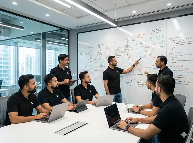 DMSJoy engineering team collaborating around an architecture whiteboard